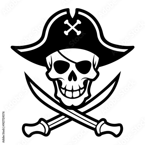 Pirate's Emblem: A monochrome illustration showcasing a classic pirate emblem, featuring a skull adorned with a hat and crossed swords. It captures the essence of adventure and the high seas. 