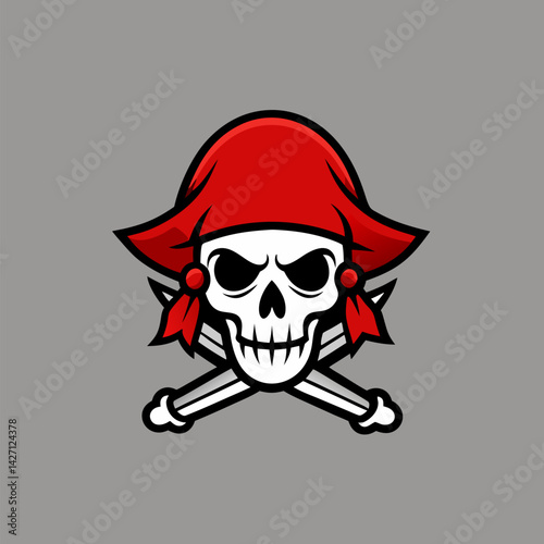 Pirate Skull Logo: Bold illustration of a pirate skull in a red bandana, accented by crossed bones on a grey background, evoking a sense of adventure and danger.