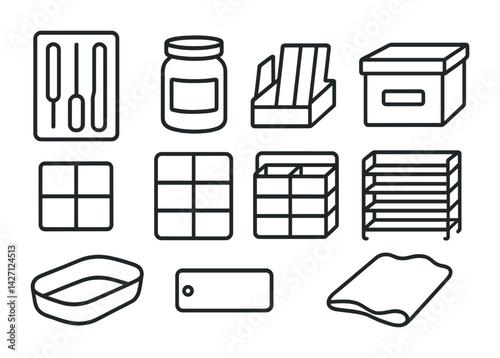 Home organization outline icons set – minimalist storage and decluttering symbols for space management and tidiness: storage box, organizer tray, label tag, shelf, jar, grid, basket