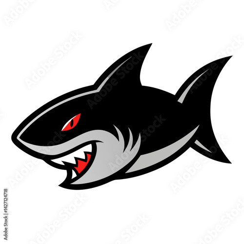 Aggressive Shark Mascot: A fierce black shark mascot with sharp teeth and glowing red eyes, perfect for a sports team or brand needing a powerful image.