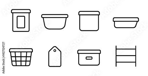 Home organization icon set – outline style storage and labeling symbols for efficient space management: container, basket, label tag, bin, shelf, box
