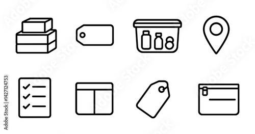 Shopping and retail icon set – outline style commerce and consumer symbols for purchasing, online shopping, and inventory: package, price tag, shopping cart, location pin, checklist, product shelf,
