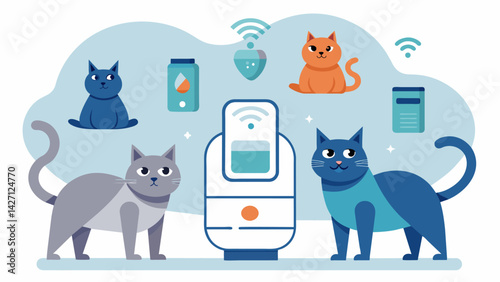 A detailed look at smart litter boxes that monitor elimination habits and can detect potential health issues in cats.. Vector illustration