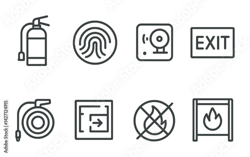 Safety and security icon set – outline style emergency and protection symbols for hazard prevention, evacuation, and surveillance: fire extinguisher, fingerprint, camera, exit, hose, exit sign, no