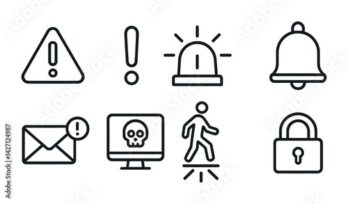 Safety and alert icon set – outline style emergency and notification symbols for security and risk management: warning sign, exclamation mark, alarm bell, email alert, lock