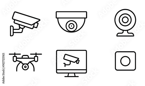 Surveillance and security outline icons set – minimalist monitoring symbols for cctv, webcam, drone, screen monitoring, camera, home security, video surveillance, privacy