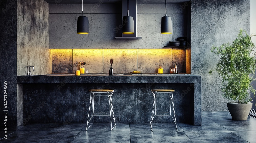 Industrial style kitchen bar with concrete accents.