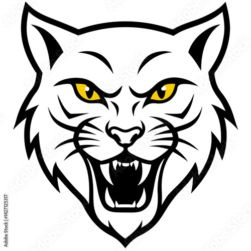 Fierce feline face illustration: A stylized illustration features a close-up of a fierce feline face, displaying its sharp teeth and piercing gaze, rendered in black and yellow.