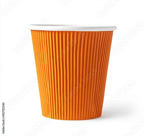 Wallpaper Mural An orange paper cup with white edges, standing upright on the left side of an isolated white background. The design features vertical ridges and has a plastic lid attached to its top edge Torontodigital.ca