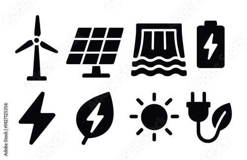 Renewable energy icon set – solid style eco-friendly symbols for sustainable power, green technology, and energy conservation: wind turbine, solar panel, battery, leaf, plug