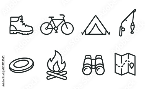 Outdoor adventure icon set – outline style camping and recreation symbols for hiking gear, fishing, biking, tent, campfire, map, binoculars, frisbee