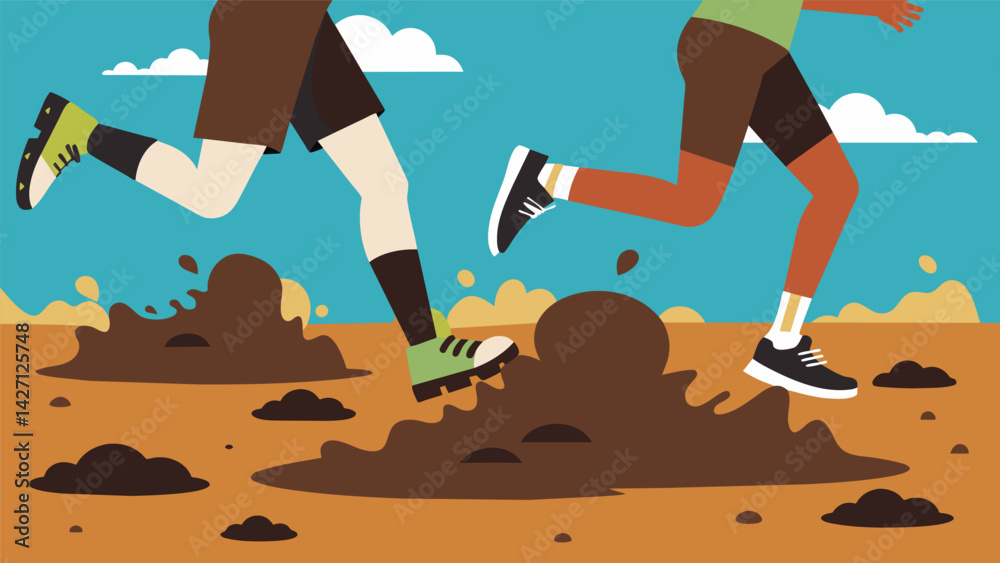 Participants slog through kneedeep mud in a race against time their shoes caked with the thick sticky sludge.. Vector illustration