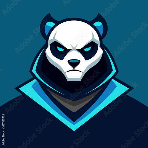 Anime Panda Mascot Portrait: This eye-catching image features a fierce panda, its gaze intense and focused, set against a backdrop of electric blue.
