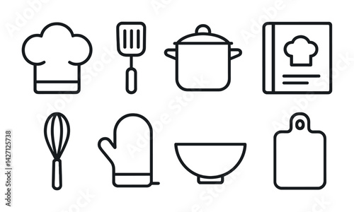 Cooking and kitchen tools icon set – outline style culinary and chef symbols for culinary arts and food preparation: chef hat, spatula, pot, cookbook, whisk, oven mitt, bowl, cutting board