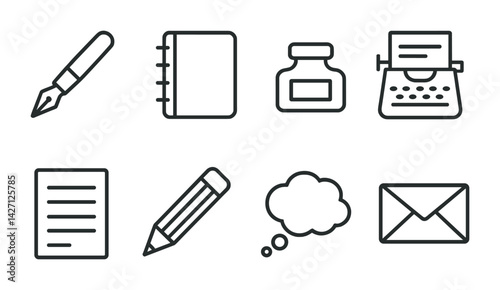 Writing tools icon set – outline style symbols for paper crafting, stationery, and communication: fountain pen, notebook, ink bottle, typewriter, document, pencil, thought bubble, envelope