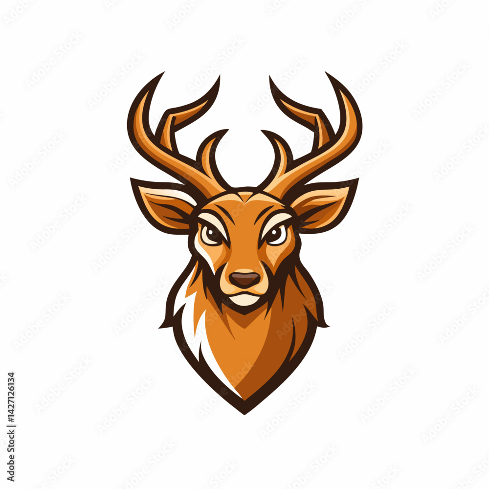 Majestic Deer Mascot: This captivating graphic design features a majestic deer with a serious gaze and mighty antlers, ideal for sports teams, brands, and logos needing a symbol of power, grace. Majestic Deer Mascot: This captivating graphic design features a majestic deer with a serious gaze and mighty antlers, ideal for sports teams, brands, and logos needing a symbol of power, grace.