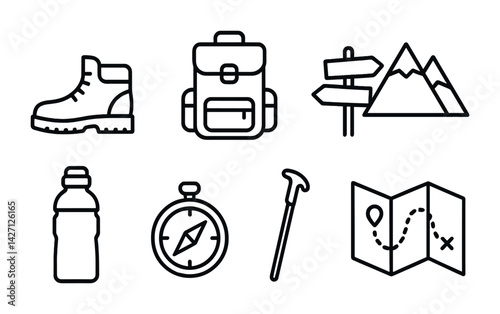 Outdoor adventure icon set – outline style hiking and exploration symbols for trekking enthusiasts: hiking boot, backpack, trail sign, mountain, water bottle, compass, walking stick, map