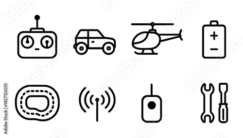 Remote control vehicles icon set – outline style symbols for rc hobbies and enthusiasts: remote, car, helicopter, battery, antenna, controller, wrench, screwdriver
