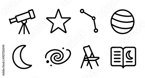 Astronomy and space outline icon set – linear style celestial and stargazing symbols: telescope, star, constellation, planet, moon, galaxy, observatory, astronomy book