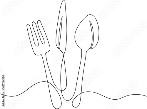 Minimalist continuous line drawing of spoon, fork, and knife. Elegant vector illustration representing kitchen tools, dining concept, healthy food, cafeteria or restaurant themes. Perfect for menus, c