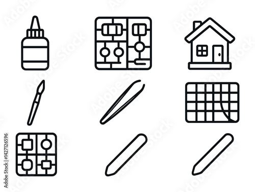 Arts and crafts outline icon set – sketch and design symbols for creativity and diy projects: glue, paintbrush, tweezers, house model, pencil, grid, craft parts