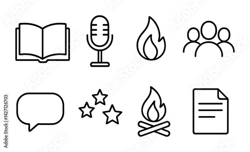 Campfire and communication icon set – outline style symbols for outdoor activities and social interaction: book, microphone, fire, people, speech bubble, stars, document