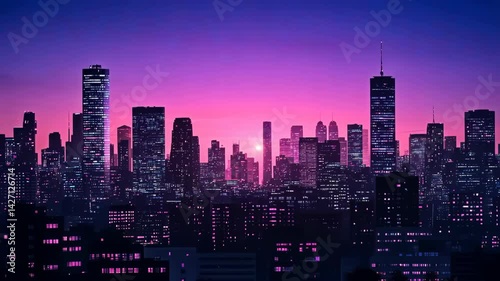 Wallpaper Mural Vibrant purple cityscape silhouette featuring glowing city buildings under a colorful dusk sky, illuminating modern metropolis architecture. Torontodigital.ca