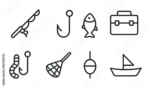 Fishing equipment icon set – line style angling and tackle symbols for outdoor activities, sport fishing: fishing rod, fish hook, fish, tackle box, worm, net, float, boat
