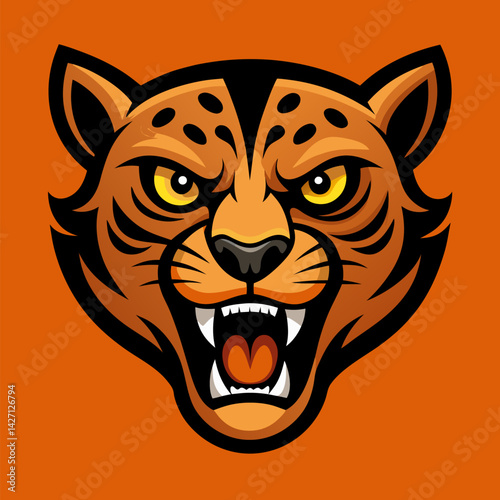 Cheetah Mascot Head: Fierce and powerful cheetah head mascot design, perfect for sports teams, logos and branding. The intense gaze and open mouth convey power and speed.