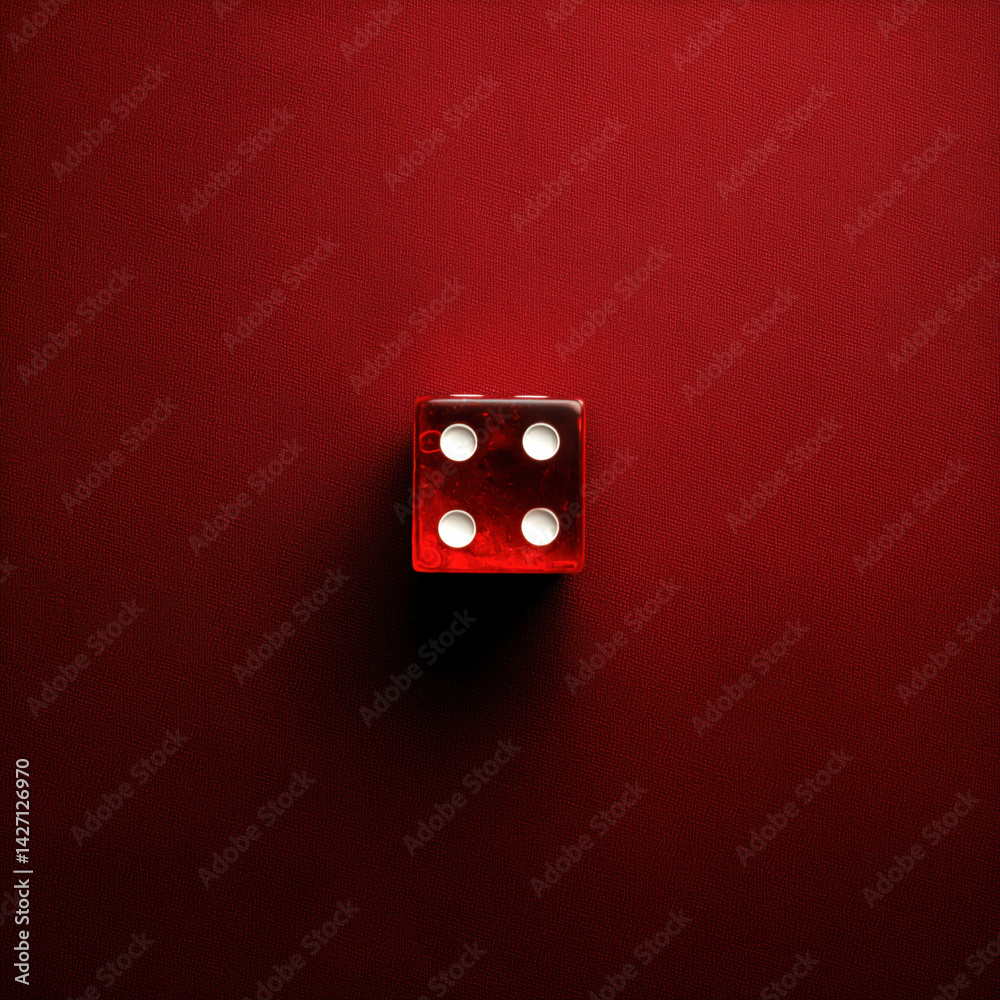Single transparent red die showing the number four on a textured red surface.