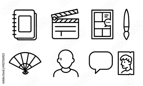 Communication and media outline icons set – linear design for visual storytelling and dialogue: notebook, clapperboard, comic strip, paintbrush, fan, person, speech bubble