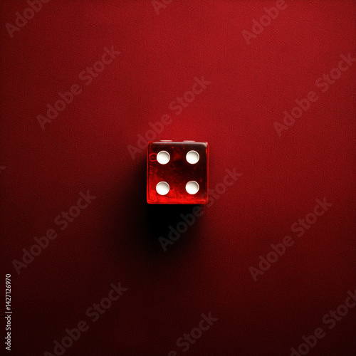 Obraz na płótnie Single transparent red die showing the number four on a textured red surface. w salonie