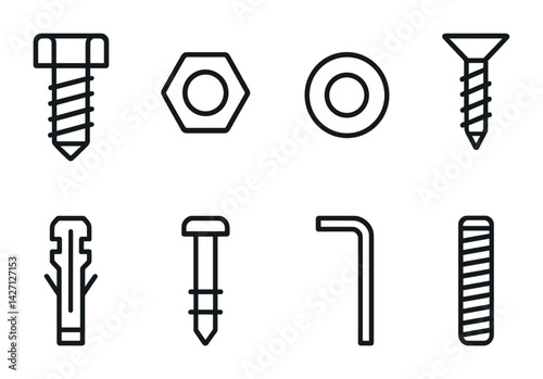 Hardware and tools icon set – outline style construction and repair symbols for diy projects, maintenance, and engineering: screw, bolt, nut, washer, allen key, anchor, dowel, screw hook