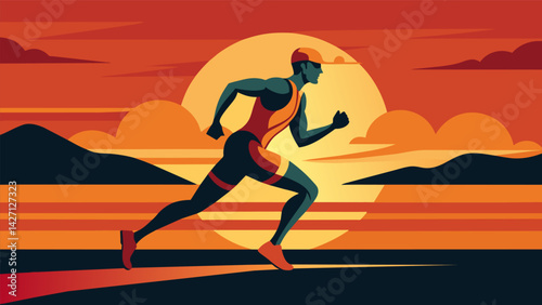 A lone triathlete bathed in the glow of a setting sun pushing through the final minutes of the run with willpower.. Vector illustration