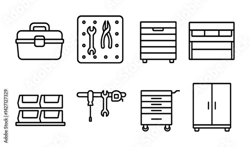 Workshop and garage organization icon set – outline style tools and storage symbols for diy projects, repair, and maintenance: toolbox, pliers, wrench, cabinet, drawers, rack, shelves