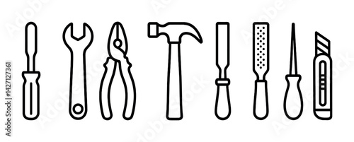 Tool and construction linear icon set – outline style hardware and diy project symbols: screwdriver, wrench, pliers, hammer, rasp, awl, utility knife