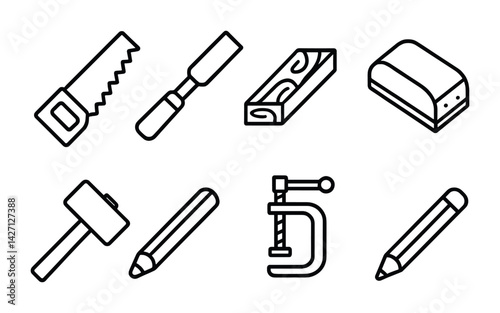 Woodworking tools icon set - line style carpentry and craft symbols for diy projects, woodworking, and carpenters: saw, chisel, plane, block, hammer, pencil, clamp