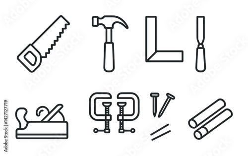 Carpentry tools outline icon set – minimalist woodworking and construction symbols for diy projects and home improvement: saw, hammer, square, chisel, plane, clamp, nails, logs