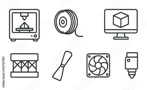 3d printing equipment icon set – outline style symbols for manufacturing, technology, and innovation: 3d printer, filament spool, software, support structure, fan, nozzle