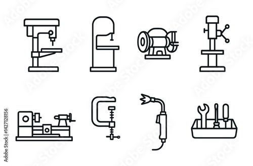 Industrial tool icon set – outline style machinery and equipment symbols for workshops, engineering, and fabrication: drill press, lathe, bandsaw, grinder, welding, clamp, toolbox