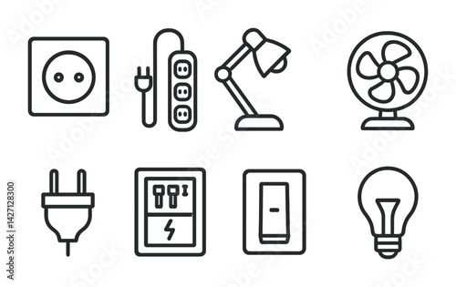 Home electricity outline icons set – linear style electrical and power symbols for household use: power outlet, plug, extension cord, desk lamp, fan, electrical panel, light switch, light bulb