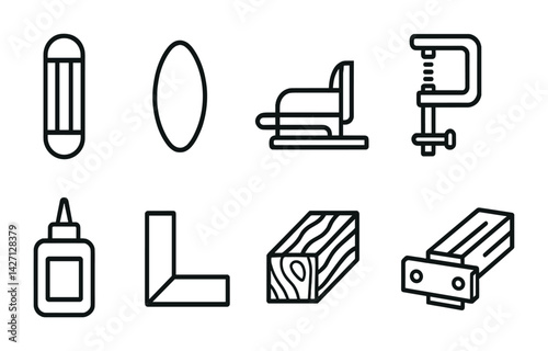 Woodworking tools icon set – outline style carpentry and craft symbols: chisel, clamp, glue bottle, wood plank, angle ruler, sanding block, plane, saw