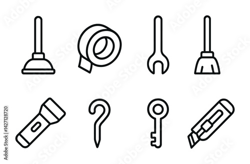 Home maintenance outline icons set – linear diy and repair tools symbols for household fixes: plunger, tape, wrench, broom, flashlight, hook, key, cutter