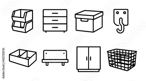 Home organization icon set – outline style storage and decluttering symbols for space management, tidying, indoor organization: shelving, drawers, storage box, hook, basket, cabinet, divided tray,