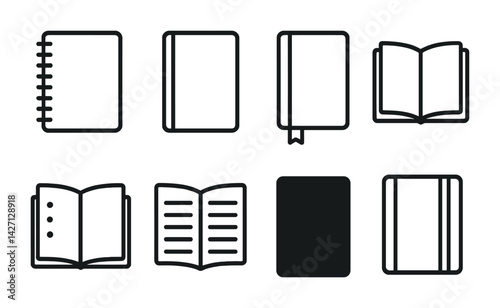 Book and stationery linear icon set – outline style reading and writing symbols for academic and office use: notebook, closed book, open book, bookmark, journal, binder