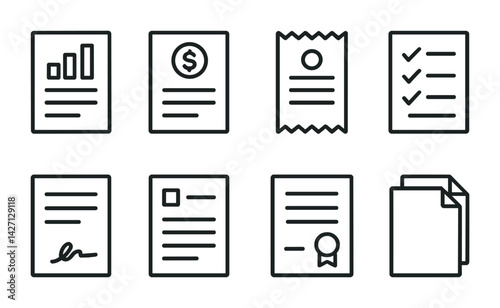 Document management outline icons set - flat style office and business symbols for recordkeeping, administration, and paperwork: report, invoice, receipt, checklist, contract, letter, certificate,