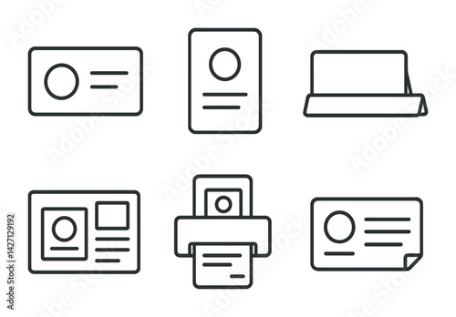 Business card icon set – outline style for professional branding and office essentials: id badge, contact card, printer, stationery, name tag, template