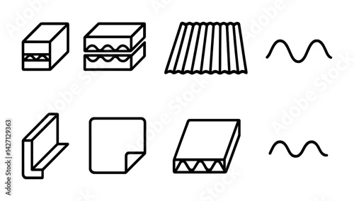 Construction materials icon set - outline style symbols for building and architecture: brick, tile, corrugated panel, wave, beam, sheet, insulation