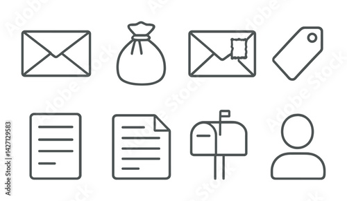 Communication and messaging icon set – outline style symbols for mail and correspondence: envelope, letter, tag, document, mailbox, person, pouch