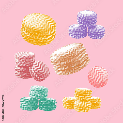 Macaron vector, macaron illustration, line drawing on pink background.